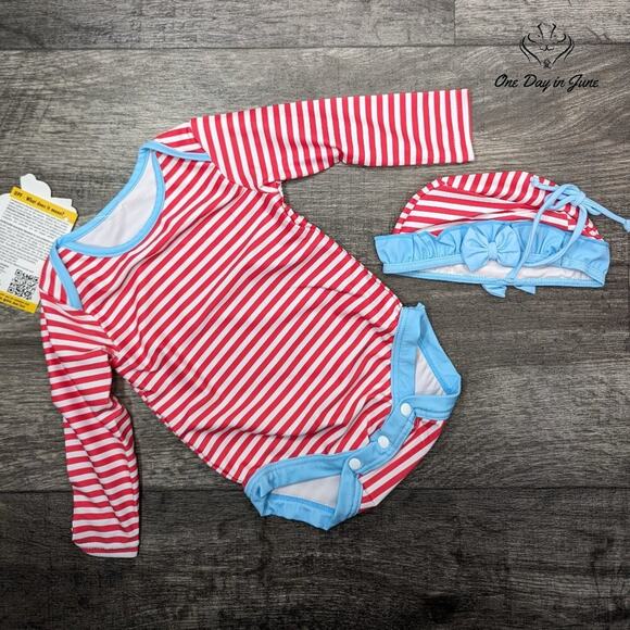 Bonverano Striped One Piece Swimsuit with Hat Size 6-9 Mths - Picture 1 of 3